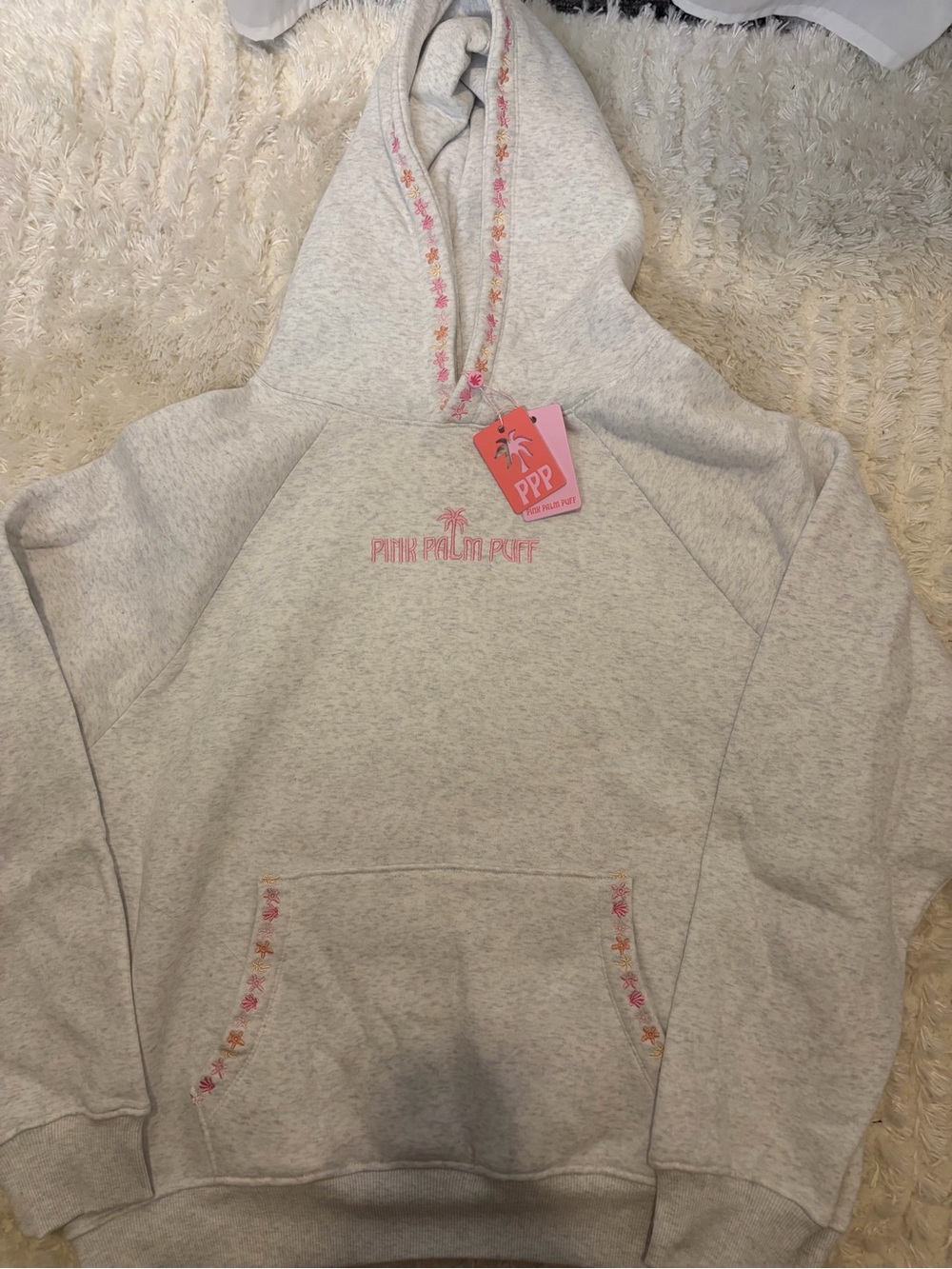 Pink palm puff Pink Light Gray Hoodie Sweater